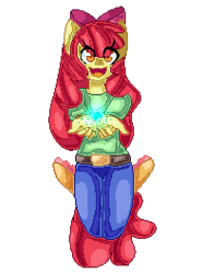 Size: 197x265 | Tagged: safe, artist:chloeprice228, apple bloom, earth pony, anthro, plantigrade anthro, g4, female, jumping, looking at you, magic, open mouth, pixel art, simple background, smiling, solo, transparent background, true res pixel art
