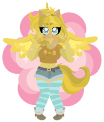 Size: 400x470 | Tagged: source needed, safe, artist:mekacrap, oc, oc only, oc:ticket, alicorn, anthro, alicorn oc, animated, belly button, clothes, looking at you, midriff, pants, shorts, solo, stockings, thigh highs, thigh socks