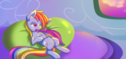 Size: 1024x484 | Tagged: safe, artist:dusthiel, rainbow dash, g4, beanbag chair, female, lighting, open mouth, solo, tired