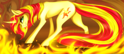 Size: 4000x1745 | Tagged: safe, artist:sevenada, sunset shimmer, pony, unicorn, g4, female, fiery shimmer, fire, looking at you, solo, watermark