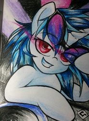 Size: 780x1052 | Tagged: safe, artist:elusiveautumn, dj pon-3, vinyl scratch, g4, female, looking at you, red eyes, solo, turntable