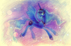Size: 1280x822 | Tagged: safe, artist:whitelily24, princess luna, g4, female, flying, moon, solo, traditional art
