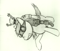 Size: 474x401 | Tagged: safe, oc, crossover, engineer, engineer (tf2), riding, sideways image, sketch, team fortress 2