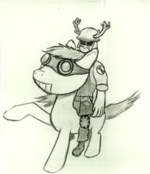 Size: 405x472 | Tagged: safe, artist:theengideer, crossover, engineer, engineer (tf2), ride, riding, team fortress 2