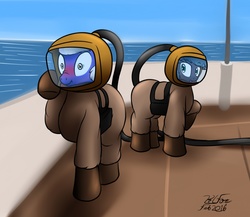 Size: 1280x1113 | Tagged: safe, artist:the-furry-railfan, oc, oc only, oc:night strike, oc:static charge, fallout equestria: empty quiver, blushing, boat, diving suit, hose, ocean, scrunchy face, scuba gear