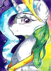 Size: 1024x1434 | Tagged: safe, artist:yioyio, princess celestia, g4, bust, crown, ear fluff, female, jewelry, profile, regalia, solo