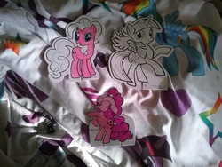 Size: 2592x1944 | Tagged: safe, pinkie pie, rainbow dash, rarity, twilight sparkle, alicorn, pony, g4, bedsheets, cardboard cutout, colored, cutout, female, heart, irl, mare, merchandise, photo, stars, twilight sparkle (alicorn)