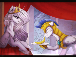 Size: 1024x768 | Tagged: safe, artist:orfartina, princess celestia, princess molestia, g4, banana, chest fluff, fluffy, food, prone, royal guard, unshorn fetlocks