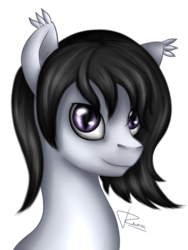 Size: 1200x1600 | Tagged: safe, artist:puggie, oc, oc only, oc:rebel heart, bat pony, pony, bust, cat eyes, commission, looking at you, smiling, solo