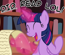 Size: 2964x2518 | Tagged: safe, artist:badumsquish, derpibooru exclusive, twilight sparkle, alicorn, pony, g4, book, dialogue, did read, didn't read, dork, female, grin, happy, high res, irrational exuberance, lol, magic, mare, meme, reading, scroll, smiling, solo, subverted meme, that pony sure does love books, tl;dr, tl;r, twilight sparkle (alicorn)