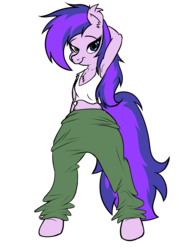 Size: 1156x1611 | Tagged: safe, artist:megamanhxh, oc, oc only, oc:purple roselyn, pony, semi-anthro, armpits, bipedal, clothes, looking at you, midriff, smiling, solo, tank top