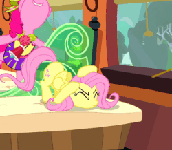 Size: 385x336 | Tagged: safe, screencap, fluttershy, pinkie pie, earth pony, pegasus, pony, g4, rainbow falls, animated, bipedal, cheering, cheerleader, clothes, cowering, cute, diapinkes, eyes closed, face down ass up, female, frown, mare, open mouth, pom pom, scared, shyabetes, sitting, skirt, smiling, train
