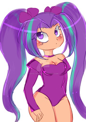Size: 1024x1448 | Tagged: safe, artist:enyelita, aria blaze, equestria girls, g4, ariabetes, cleavage, colored pupils, cute, eye clipping through hair, female, humanized, leotard, simple background, solo, watermark
