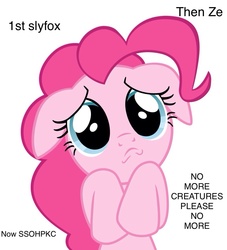 Size: 900x990 | Tagged: safe, pinkie pie, g4, female, floppy ears, hooves to the chest, mare, sad, simple background, slyfoxhound, solo, ssohpkc, the creatures, white background, ze