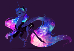 Size: 2005x1379 | Tagged: safe, artist:graypaint, princess luna, alicorn, classical unicorn, pony, g4, clothes, cloven hooves, ethereal mane, eyes closed, female, galaxy mane, hoodie, horn, leg fluff, leonine tail, mare, purple background, simple background, smiling, solo, starry mane, unshorn fetlocks, walking