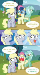 Size: 1277x2379 | Tagged: safe, artist:t-3000, bon bon, derpy hooves, lyra heartstrings, sweetie drops, pegasus, pony, unicorn, g4, blank flank, cloud, comic, derp, female, filly, filly bon bon, filly derpy, filly lyra, glasses, horn, open mouth, origins, outdoors, road, sky, tree, twisted bon bon, younger