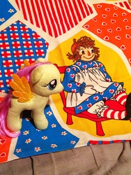 Size: 2448x3264 | Tagged: safe, fluttershy, human, pegasus, pony, g4, bloomers, clothes, dress, female, hat, high res, irl, mare, photo, plushie, raggedy ann, solo, toy