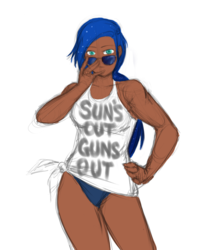 Size: 658x820 | Tagged: safe, artist:eve-ashgrove, princess luna, human, g4, bikini bottom, clothes, dark skin, female, humanized, looking at you, shirt, sketch, solo, sunglasses