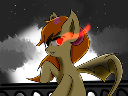 Size: 1600x1200 | Tagged: safe, artist:eclipsepenumbra, oc, oc only, oc:vanilla shine, bat pony, pony, vampire, cloud, dark, evil smile, glowing eyes, moon, night, race swap, red eyes, smirk, wings