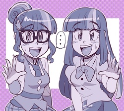 Size: 775x690 | Tagged: safe, artist:jirousan, sci-twi, twilight sparkle, equestria girls, friendship games, ..., blushing, cute, duality, duo, glasses, looking at you, monochrome, open mouth, sweat, sweatdrop, twiabetes, twolight