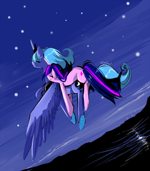 Size: 800x914 | Tagged: safe, artist:skyeypony, princess luna, twilight sparkle, g4, flying, ponies riding ponies, riding, s1 luna, twilight riding luna