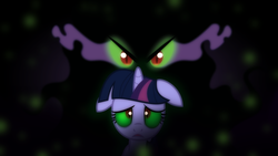 Size: 1600x900 | Tagged: safe, artist:fureox, artist:mrcbleck, artist:sailortrekkie92, king sombra, twilight sparkle, pony, unicorn, g4, black background, corrupted, corrupted twilight sparkle, corruption of magic, dark magic, duo, floppy ears, magic, possessed, possession, simple background, sombra eyes, unicorn twilight, wallpaper