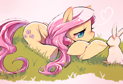 Size: 800x550 | Tagged: safe, artist:kibou, angel bunny, fluttershy, pony, rabbit, g4, animal, colored pupils, cute, duo, grass, heart, lidded eyes, pixiv, prone, shyabetes, solo focus, underhoof