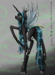 Size: 1236x1692 | Tagged: dead source, safe, artist:cross-the-swirl, queen chrysalis, changeling, changeling queen, g4, concave belly, crown, female, horseshoes, jewelry, lanky, long legs, regalia, skinny, smiling, solo, tall, thin