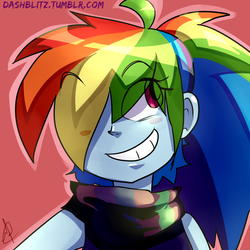 Size: 1280x1280 | Tagged: safe, artist:manic-the-lad, rainbow dash, equestria girls, g4, a dash of everything, alternate hairstyle, awesome as i wanna be, blushing, clothes, eye clipping through hair, eyebrows, eyebrows visible through hair, female, hair over one eye, outline, ponytail, scarf, smiling, solo