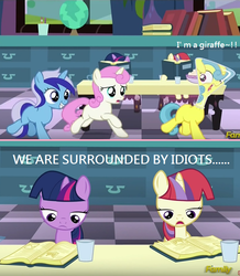 Size: 731x840 | Tagged: safe, edit, edited screencap, screencap, lemon hearts, minuette, moondancer, twilight sparkle, twinkleshine, amending fences, g4, book, caption, discovery family logo, filly, flaskhead hearts, i'm surrounded by idiots, screencap comic, text