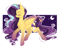 Size: 944x749 | Tagged: safe, artist:thatonedistantartist, oc, oc only, oc:arwen, pegasus, pony, colored wings, eyes closed, gradient hooves, gradient wings, moon, mushroom, solo, stars