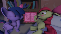 Size: 7680x4320 | Tagged: safe, artist:keksiarts, apple bloom, twilight sparkle, alicorn, pony, g4, 3d, absurd resolution, bed, bedtime story, blushing, butt, female, magic, mare, plot, source filmmaker, twilight sparkle (alicorn)