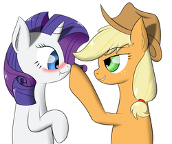 Size: 1024x855 | Tagged: safe, artist:zogzor, applejack, rarity, g4, blushing, boop, female, lesbian, nose wrinkle, scrunchy face, ship:rarijack, shipping