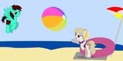 Size: 1600x800 | Tagged: safe, oc, oc only, oc:mission belle, oc:rain cloud, beach, beach ball, beach umbrella