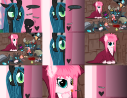 Size: 1948x1500 | Tagged: safe, artist:mixermike622, queen chrysalis, oc, oc:fluffle puff, changeling, tumblr:ask fluffle puff, g4, bedroom eyes, canon x oc, comic, david bowie, doll, female, goblin king, heterochromia, jareth, labyrinth (movie), lesbian, movie reference, ship:chrysipuff, shipping, this will end in kidnapping, tongue out, toy, wat