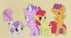 Size: 717x386 | Tagged: safe, artist:samcybercat, apple bloom, diamond tiara, scootaloo, sweetie belle, earth pony, pony, g4, bipedal, cutie mark, cutie mark crusaders, female, filly, open mouth, simple background, the cmc's cutie marks