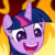 Size: 966x966 | Tagged: safe, artist:badumsquish, derpibooru exclusive, twilight sparkle, alicorn, pony, unicorn, g4, avatar, bust, female, fire, glowing eyes, laughing, looking at you, maniacal laugh, mare, open mouth, portrait, smiling, solo, some men just want to watch the world burn, the smiling pony, twilight sparkle (alicorn), wide eyes