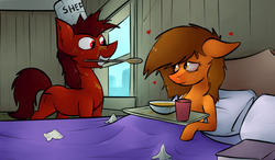 Size: 2768x1616 | Tagged: safe, artist:marsminer, oc, oc only, oc:mars miner, oc:venus spring, caring for the sick, female, food, male, marspring, misspelling, red nosed, shipping, sick, smiling, soup, straight, that pony sure does love soup, tissue