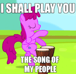 Size: 389x376 | Tagged: safe, artist:anonshy, edit, screencap, juicy fruit, pegasus, pony, g4, rainbow falls, animated, background pony, bongos, caption, drums, image macro, meme, musical instrument, not berry punch, solo, song of my people