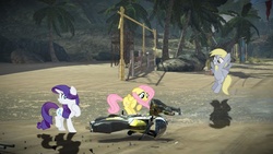 Size: 1024x576 | Tagged: safe, derpy hooves, fluttershy, rarity, pegasus, pony, g4, female, mare, motorstorm, oops, photoshop, video game