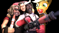 Size: 1920x1080 | Tagged: safe, artist:mrspecialjonny, applejack, g4, 3d, arrow in apple, demoman, demoman (tf2), heavy (tf2), medic, medic (tf2), scout (tf2), source filmmaker, team fortress 2, wat