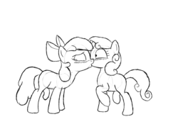 Size: 1600x1120 | Tagged: safe, artist:lesbocarwash, apple bloom, sweetie belle, earth pony, pony, unicorn, g4, blushing, duo, female, filly, foal, kiss on the lips, kissing, lesbian, monochrome, ship:sweetiebloom, shipping, sketch