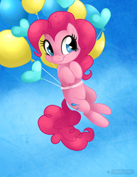 Size: 800x1035 | Tagged: safe, artist:gabapple, pinkie pie, earth pony, pony, g4, balloon, cute, diapinkes, female, flying, hooves to the chest, mare, sky, solo, then watch her balloons lift her up to the sky