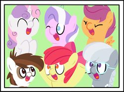 Size: 1300x960 | Tagged: safe, artist:chrisrainicorn, apple bloom, diamond tiara, pipsqueak, scootaloo, silver spoon, sweetie belle, g4, cutie mark crusaders, open mouth, wink