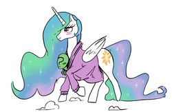 Size: 1283x835 | Tagged: safe, artist:ara, princess celestia, oc, oc:anon, alicorn, human, pony, g4, blushing, clothes, female, hoodie, male, mare, simple background, white background