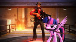 Size: 3840x2160 | Tagged: safe, artist:funsketch, twilight sparkle, alicorn, human, pony, g4, 3d, angry, blade, crossover, cutie mark, explosion, female, glasses, gun, high res, hooves, horn, knife, mare, optical sight, rifle, sniper, sniper (tf2), sniper rifle, source filmmaker, sunglasses, team fortress 2, twilight sparkle (alicorn), weapon, wings