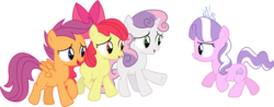 Size: 5516x2164 | Tagged: safe, artist:sketchmcreations, apple bloom, diamond tiara, scootaloo, sweetie belle, crusaders of the lost mark, g4, cutie mark crusaders, high res, open mouth, running, simple background, transparent background, vector