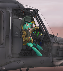 Size: 1024x1150 | Tagged: safe, artist:buckweiser, lightning dust, g4, clothes, cockpit, detailed, female, helicopter, military, military uniform, pilot, solo, uniform
