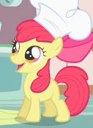 Size: 271x372 | Tagged: safe, screencap, apple bloom, pony, call of the cutie, g4, season 1, :d, adorable face, adorabloom, animated, blinking, bow, chef's hat, cropped, cute, eye shimmer, female, filly, gif, happy, hat, open mouth, raised hoof, reaction, solo, sugarcube corner