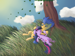 Size: 1024x768 | Tagged: safe, artist:skorpine10, flash sentry, twilight sparkle, alicorn, pony, g4, female, leaves, male, mare, ship:flashlight, shipping, sleeping, straight, twilight sparkle (alicorn)